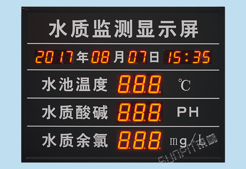 游泳池館LED電子水質(zhì)自檢公示牌水池水溫顯示屏PH值余氯ORP傳感器數(shù)據(jù)監(jiān)測(cè)